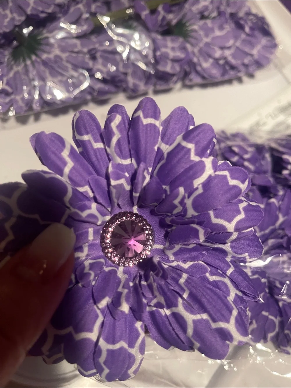 Purple & White Floral Fabric Flowers diy 3 dozen large crafts rhinestone Center